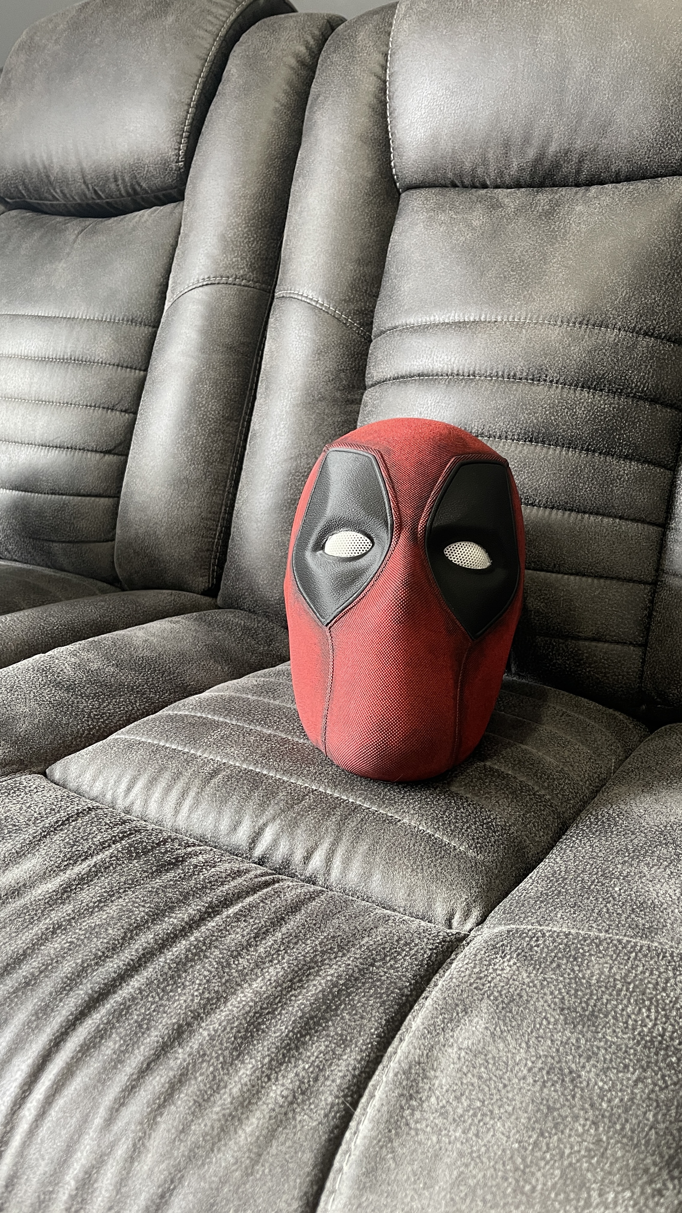 3D printed Deadpool-inspired mercenary mask — red and black cosplay display prop by Fable Forge Props