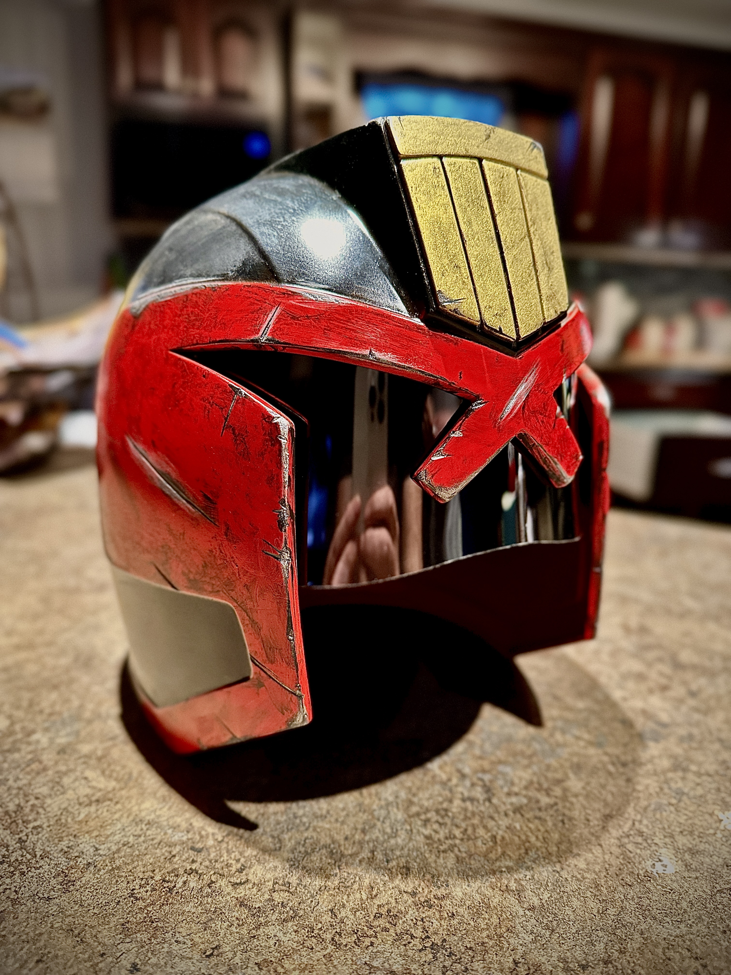 3D printed Judge Dredd-inspired sci-fi law enforcer helmet — hand-finished display prop by Fable Forge Props