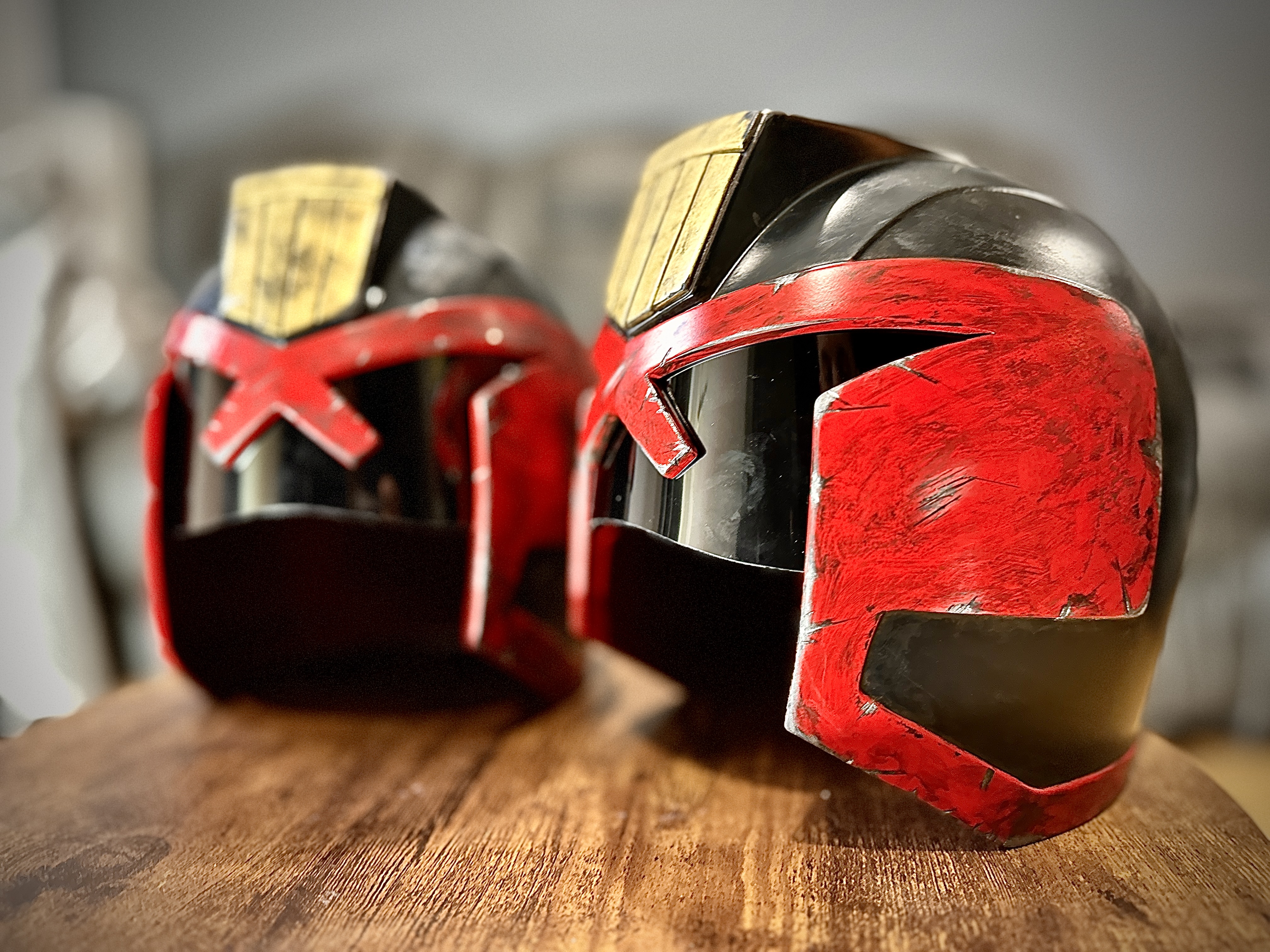 Judge Dredd-inspired cosplay helmet detail — hand-painted battle-worn finish and tinted visor