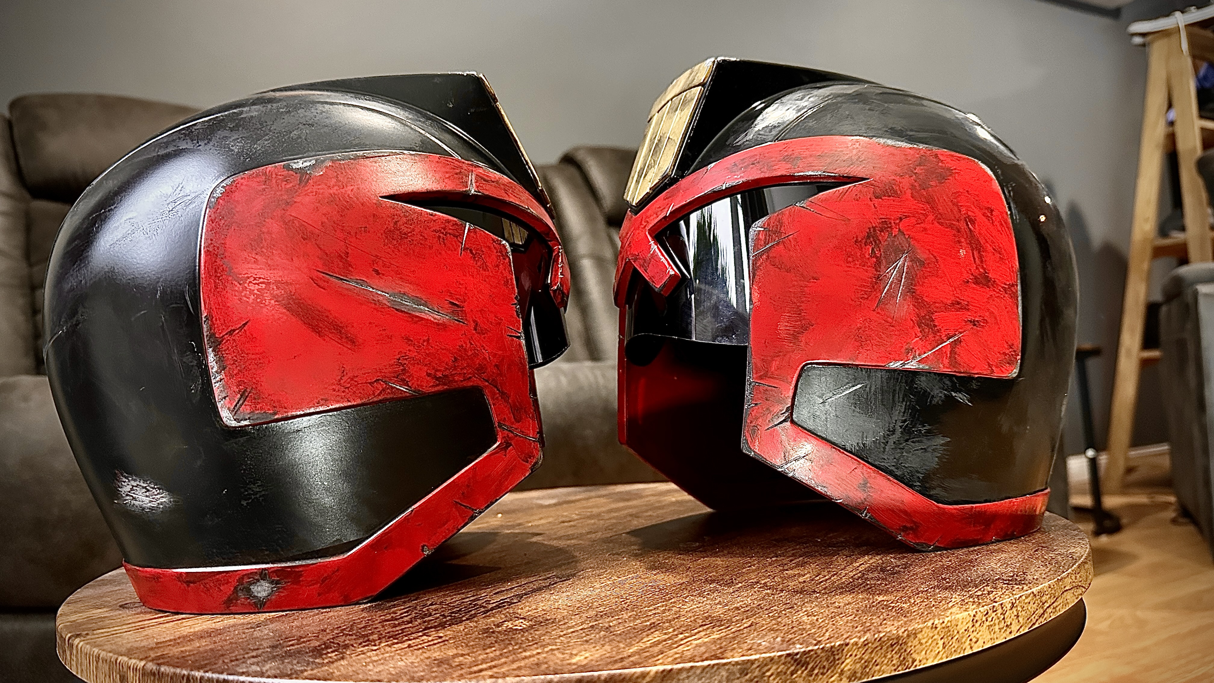 Judge Dredd-inspired cosplay helmet detail — hand-painted battle-worn finish and tinted visor