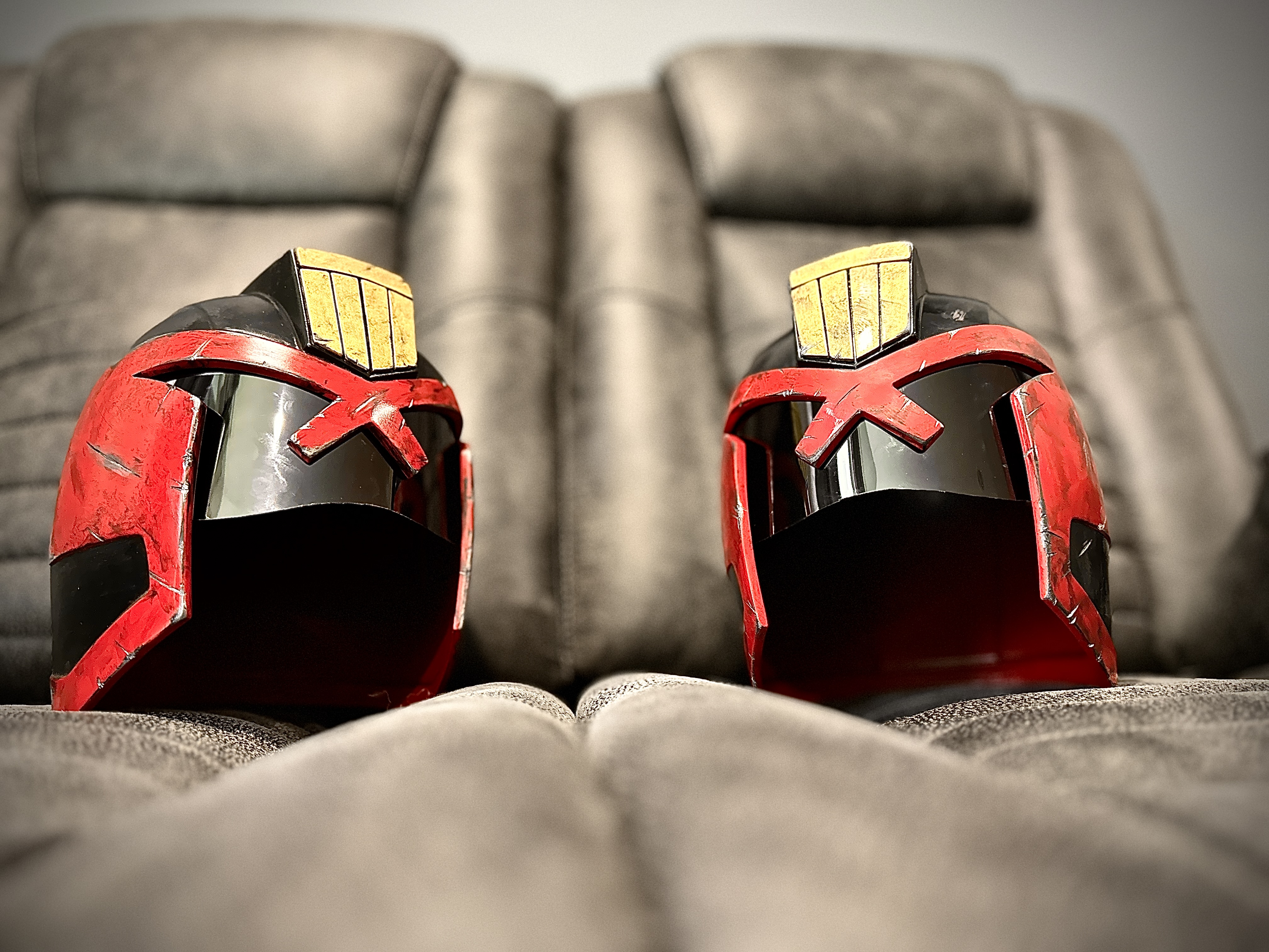 Judge Dredd-inspired cosplay helmet detail — hand-painted battle-worn finish and tinted visor